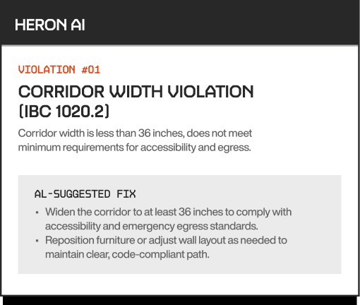 ARQTEC BRASIL alert: Corridor width violation under IBC 1020.2, suggests widening corridor to 36 inches for access and egress.